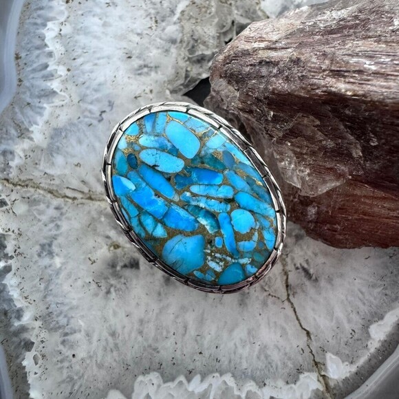 Sterling Southwestern Style Large Oval Blue Copper Turquoise Ring 9.25 For Women - Picture 1 of 10